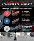 American Shine Polish Kit with 10 inch rosy red, dark blue, and domet flannel airway wheels, buffing tools visible