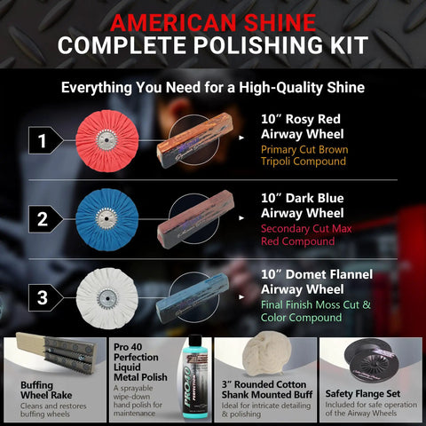 American Shine Polish Kit with 10 inch rosy red, dark blue, and domet flannel airway wheels, buffing tools visible
