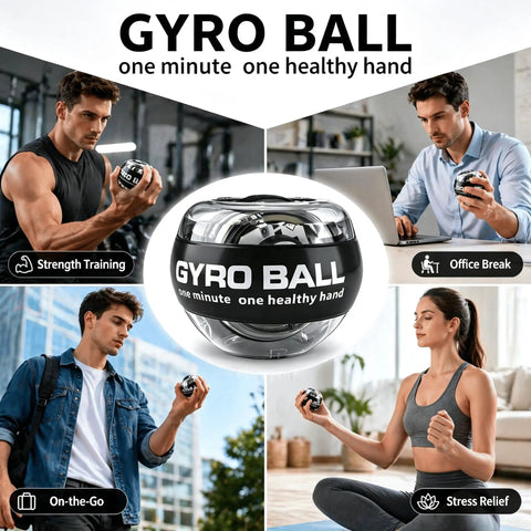 Grip Strength Gyro Ball Exerciser With LED Lights No Batteries Needed Portable Carry Bag For Wrist Forearm Strengthening And Hand Training Torque Ball For Fingers Grip Muscles And Arm Workout, black gyro ball shown with users in gym, office, and home
