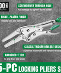 5-Piece Locking Pliers Set With Long Nose And Curved Jaw For Gearhead Projects Premium CR-V Steel Nickel Plated
