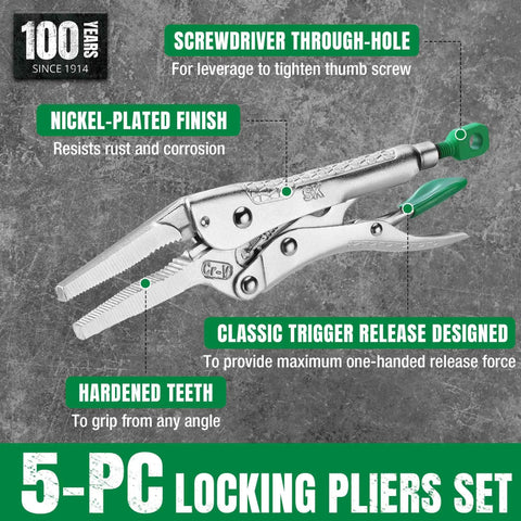 5-Piece Locking Pliers Set With Long Nose And Curved Jaw For Gearhead Projects Premium CR-V Steel Nickel Plated