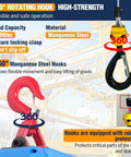 Rock Solid Bigorenda 3 In 1 Electric Hoist Winch with 1100 Lb Capacity and Wireless RemoteControl featuring 360° rotating manganese steel hooks.