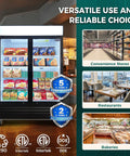 Commercial Double Glass Door Display Freezer With Forty Four Point Seven Cubic Feet Badass Storage And Digital Temp Control Auto Defrost LED Lights, showcasing frozen food options.