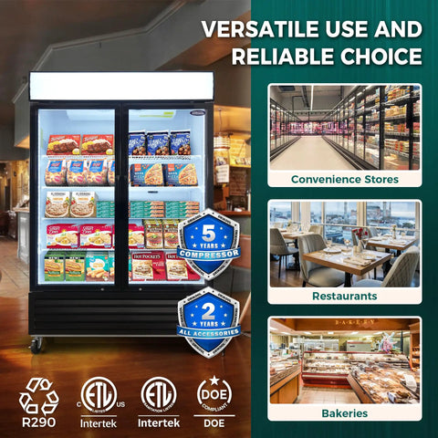54 Inch Double Glass Door Commercial Display Freezer 44.7 Cubic Feet showcasing frozen foods in a retail setting.