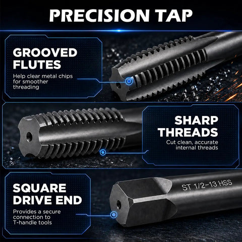 Top Shelf Sae Thread Repair Kit With Hss Drill Bits And Iron Tough Taps shows precision tap with grooved flutes and sharp threads.