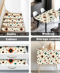 Retro Starburst Peel And Stick Wallpaper Roll With Heavy Duty Self Adhesive Backing used on stairs, table, cabinet, and drawer surfaces.