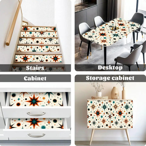 Retro Starburst Peel And Stick Wallpaper Roll With Heavy Duty Self Adhesive Backing used on stairs, table, cabinet, and drawer surfaces.