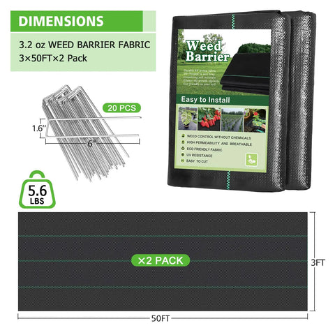 Heavy Duty Weed Barrier Landscape Fabric 3x100ft 3.2oz Garden Cloth Ground Cover with 20 U Shaped Pegs for Gardening