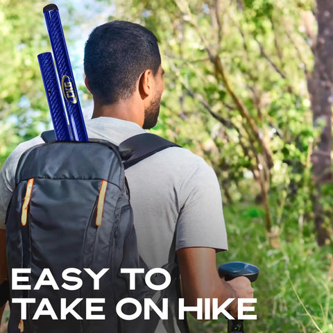 Hiker with backpack carrying Carbon Fiber Travel Pole For Beach Metal Detecting Shovels Lightweight Universal Handle 3K