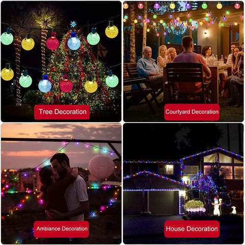 Outdoor Solar String Lights With 100 LED Over 40 Feet Of Bright Multi Color Crystal Globe Bulbs in various outdoor settings
