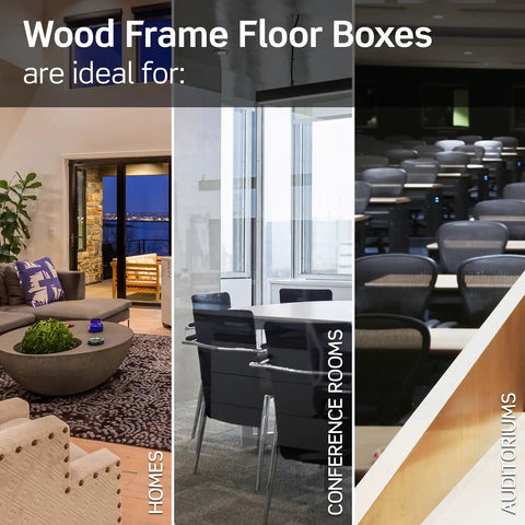 Wood frame floor boxes suitable for homes, conference rooms, auditoriums with Built Tough Self Grounding Duplex Floor Box visibility.