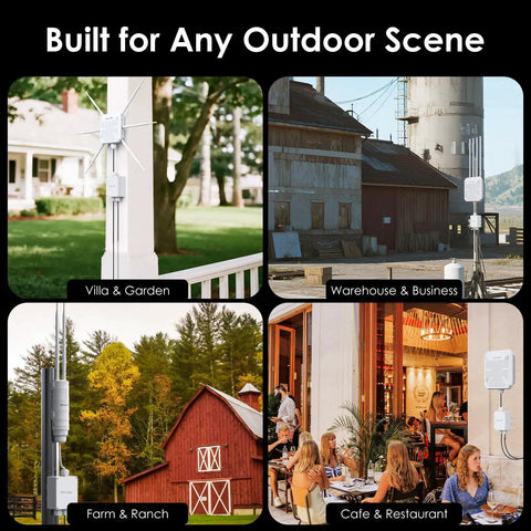 Rugged Outdoor PoE Enclosure Weatherproof IP67 Box for Outdoor WiFi Extender shown installed in various locations.