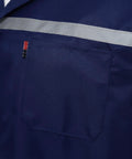 Mens Workshop Coat Long Sleeve Wear Resistant Lab Jacket Uniform Navy Blue Large Durable Workwear For Mechanics And Builders With Front Button Closure Pen Pocket Chest And Two Large Patch Pockets, close-up of chest pocket and reflective stripe