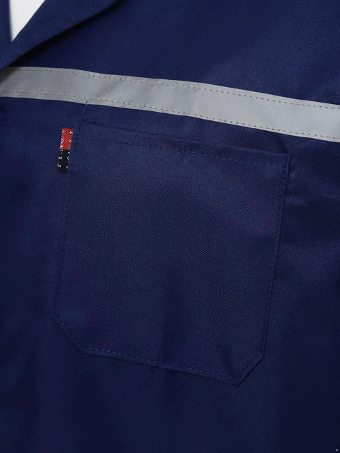 Mens Workshop Coat Long Sleeve Wear Resistant Lab Jacket Uniform Navy Blue Large Durable Workwear For Mechanics And Builders With Front Button Closure Pen Pocket Chest And Two Large Patch Pockets, close-up of chest pocket and reflective stripe