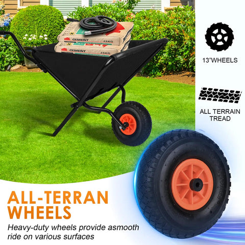 Folding Garden Cart Wheelbarrow With Large Capacity For Yard Work And Dump Feature Heavy Duty 13 Inch Wheels Thick Oxford Cloth Cart