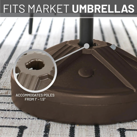 Fillable Bronze Patio Table Umbrella Base Built To Last And Heavy Duty With 3 Point 5 Pound Weight Fits One To One And A Half Inch Poles Rustproof UV Stabilized Polymer Weatherproof Design For Years Of Outdoor Use showing pole fitting feature