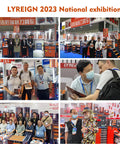Collage of LYREIGN 2023 National Exhibition showcasing tool displays and attendee interactions at event booths.
