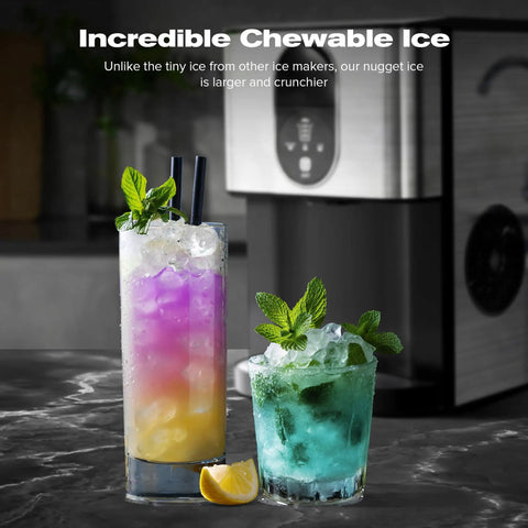 Countertop Nugget Ice Maker with 44 Lbs Per Day Output, two drinks made with pebble ice, kitchen setting, silver machine background