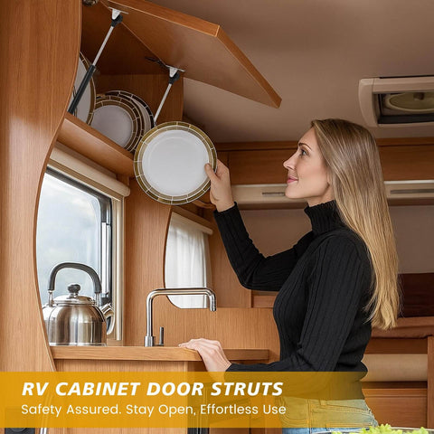 Woman using 30 Pack 10 Inch Gas Struts For Cabinets And Doors With Soft Open Pneumatic Lift For RV Boat Hatch Furniture Lids 100N 22.5lb
