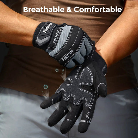 Heavy Duty Mechanic Work Gloves With 8mm Padded Knuckles And Synthetic Leather Palm, unisex gray and black, worn on hands