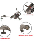 Phantom Hydro Water Rowing Machine With Realistic Water Resistance 60 Degree Tank 16 Hydro Blades details: handlebars, wheels, stabilizers.