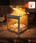 All-In-One Chick Brooder Box With Adjustable Temperature 77 To 95 F in use, showing chicks inside on straw, glowing heat from panel