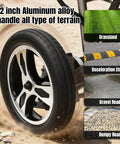 Foldable electric wheelchair wheel close-up, brown frame with 12-inch aluminum alloy rim for all-terrain use.