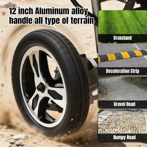 Foldable electric wheelchair wheel close-up, brown frame with 12-inch aluminum alloy rim for all-terrain use.