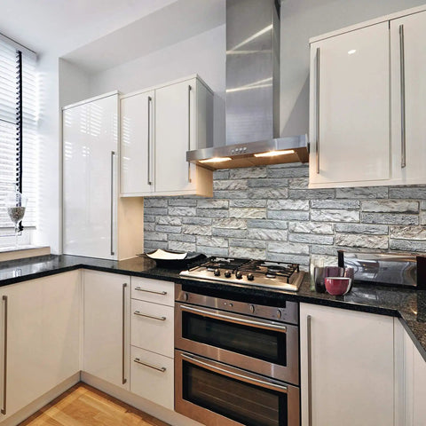 Modern kitchen featuring PG 7008 10 Faux Old Brick PVC 3D Wall Panel Set In Light Beige Grey Rustic Look For Interior Accent Walls.