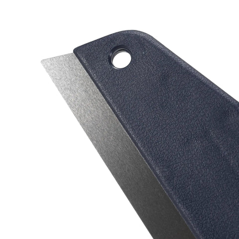 Close-up of 12-inch stainless steel edge of Paint Trim Guard Pro Grade with black handle for precise painting around trim and ceilings.