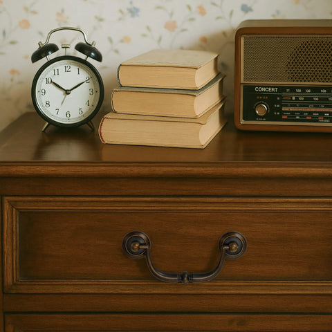 Vintage style bail drop cabinet pull in antique dark brass on wooden drawer with books, clock, and radio on top