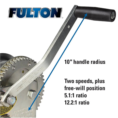 Two Speed Trailer Winch With 2,600 Lb Capacity, No Strap, 10 Inch Comfort Grip Handle, Silver, mechanism details and brand