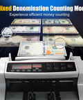 Cash Counter Machine With Counterfeit Detection And Multi Tech UV MG IR MT for USD EUR CAD MXN GBP in action with currency notes