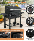 Barrel Charcoal Grill With Side Tables And Wheels, 544 Sq In Total Cooking Space, Portable Outdoor BBQ On Wheels, with thermometer visible