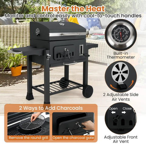 Barrel Charcoal Grill With Side Tables And Wheels, 544 Sq In Total Cooking Space, Portable Outdoor BBQ On Wheels, with thermometer visible