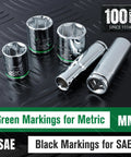 Metric and SAE sockets with color-coded markings on black background, showcasing green for metric and black for SAE.