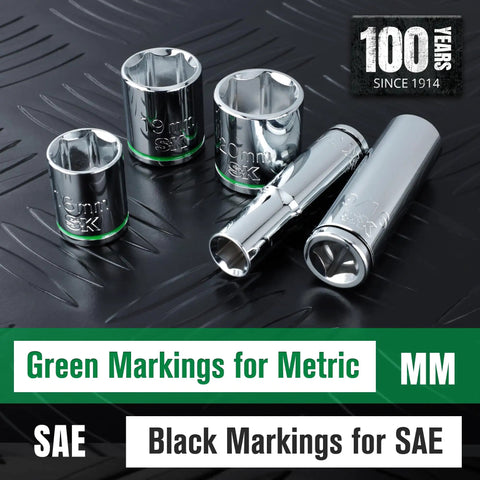 Metric and SAE sockets with color-coded markings on black background, showcasing green for metric and black for SAE.