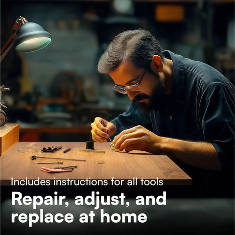 Man using Ultimate 155 Piece Watch Repair Kit For Link Removal Sizing Case Opener Pin Back Removal And Battery Replacement Includes Tools For Strap Adjustment And Band Sizing Perfect For Pros And DIYers