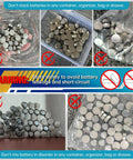 Heavy Duty Fifty Pack LR44 Alkaline Button Cell Batteries storage warning against stacking and mixing in containers.