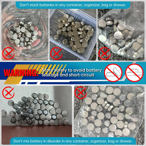 Heavy Duty Fifty Pack LR44 Alkaline Button Cell Batteries storage warning against stacking and mixing in containers.