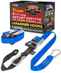 Heavy Duty Ratchet Straps 1.5 Inch By 6.5 Feet Built Tough With Triple Stitched Seams with carabiner hooks and packaging