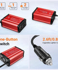 Road Ready 300W Car Power Inverter Quickly Converts DC 12V To 110V AC With PD 65W USB C And Quick Charge 18W Ports visible with cable.