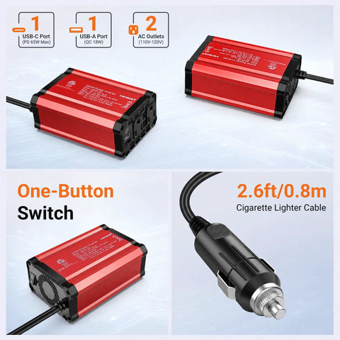 Road Ready 300W Car Power Inverter Quickly Converts DC 12V To 110V AC With PD 65W USB C And Quick Charge 18W Ports visible with cable.