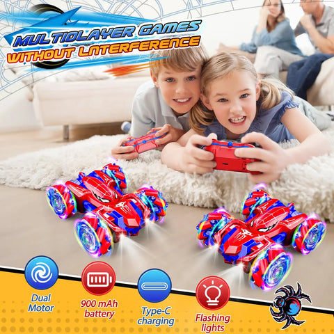 Kids playing with Double Sided Remote Control Car With 360 Degree Rotating Stunt Action Realistic Front And Tail Lights Two Sided Driving