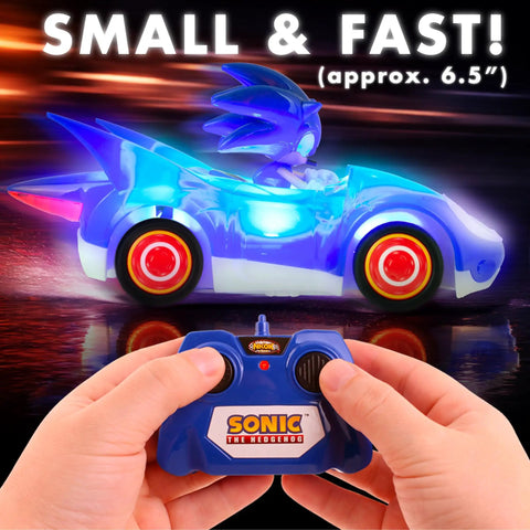Sonic Glow Racer RC Car Ready To Run One Twenty Eight Scale Remote Control Vehicle With Light Up Body Glows Zooms For Kids