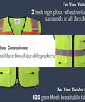 Solid High Visibility Reflective Safety Vest With Multiple Pockets Built Tough For Daily Grind Ansi Compliant Yellow Mesh Vest showing 2-inch reflective tapes and 5 pockets.