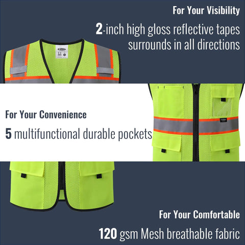 Solid High Visibility Reflective Safety Vest With Multiple Pockets Built Tough For Daily Grind Ansi Compliant Yellow Mesh Vest showing 2-inch reflective tapes and 5 pockets.