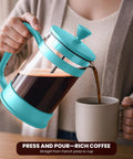French Press Espresso And Tea Maker With Triple Filters Stainless Steel Plunger And Heat Resistant Borosilicate Glass Carafe In Aqua 34 Ounce