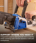 Rebel 20V Ionic Drive Pocket Hole Joiner Kit used for precise drilling in woodworking without clamps.
