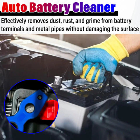 Upgrade Your Ride With This Slick 4 In 1 Auto Battery Terminal Cleaning Brush cleaning battery terminals with blue glove.